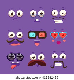 Facial Design Elements Set Of Funny Primitive Cartoon Vector Design Flat Stickes On Violet Background