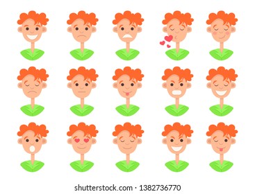 Facial emotion icon, smiley face set, flat colorful drawing, smile collection. Cute funny redhead guy bust with expression of various emotions isolated on white background. Vector illustration