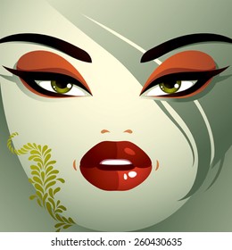 Facial emotions of a young pretty woman with a modern haircut. Coquette lady visage, expressive human eyes, lips and locks.