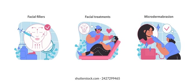 Conjunto de realce facial. Ilustración de inyecciones de relleno, tratamientos integrales para el cuidado de la piel y sesiones de microdermoabrasión exfoliante. Ilustración vectorial plana.