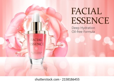 Facial Essence Banner Ad. 3D Dropper Bottle Displayed On A Glass Surface With Liquid Splash, Big Pink Rose And Light Flares In The Back