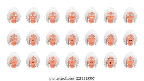 Facial expression of a beautiful elderly woman with gray hair. Set of different emotions of an old white woman in glasses. Smile, happiness, anger, disappointment, sadness, surprise, fear, etc. Vector