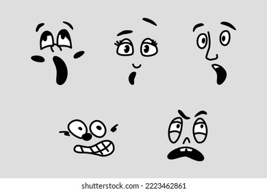 Facial expression of cartoon character, isolated faces with eyes, nose and mouths. Surprised or amazed look, emoticon or emoji, scared. Vector in flat style