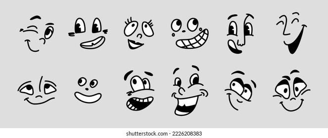 Facial expression of cartoon character, isolated eyes and mouth with laugh and grin. Winking and laughing, smiling and cheering face emotions. Vector in flat style