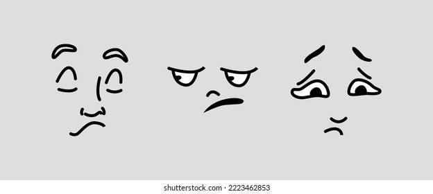 Expresión facial de personajes de caricatura, ojos aislados y boca. Llorar o molestar la apariencia de un personaje, decepcionado o triste, deprimido. Vector de estilo plano