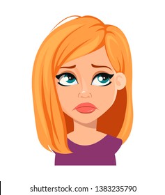 Facial expression of cute woman with blonde hair, disappointed. Female emotion. Beautiful cartoon character. Vector illustration isolated on white background.