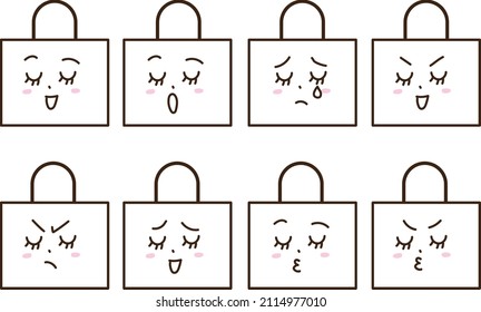 Facial expression (emotion and sadness) set of a closed-eyed woman who became a handbag