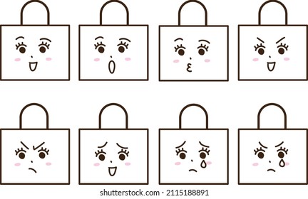 Facial expression (emotion and sadness) set of a woman who became a handbag
