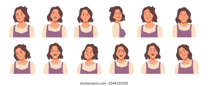 Facial expression of female character personage. Vector in flat style, isolated set of mimics. Sadness and happiness, laughing girl and feeling blue or sad. Showing surprise of contempt