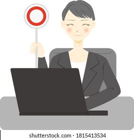 Expresión facial de una trabajadora de oficina con una computadora personal. marca de OK