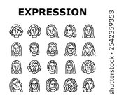 facial expression female smile icons set vector. pout smirk, glare wink, blush scowl, grin sneer, beam, grimace pout, sulk, glower facial expression female smile black contour illustrations