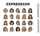 facial expression female smile icons set vector. pout smirk, glare wink, blush scowl, grin sneer, beam, grimace pout, sulk, glower facial expression female smile color line illustrations