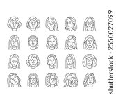 facial expression female smile icons set vector. pout smirk, glare wink, blush scowl, grin sneer, beam, grimace pout, sulk, glower facial expression female smile black contour illustrations