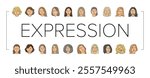 facial expression female smile icons set vector. pout smirk, glare wink, blush scowl, grin sneer, beam, grimace pout, sulk, glower facial expression female smile color line illustrations