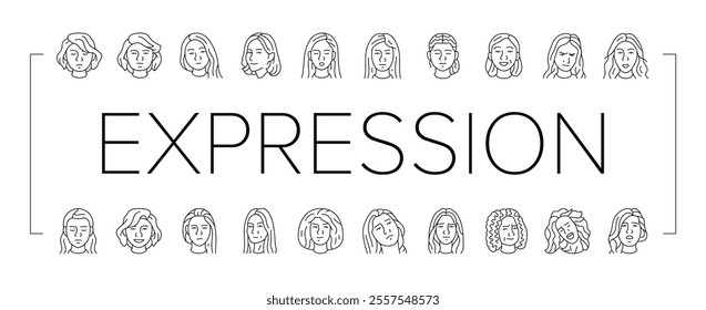 facial expression female smile icons set vector. pout smirk, glare wink, blush scowl, grin sneer, beam, grimace pout, sulk, glower facial expression female smile black contour illustrations