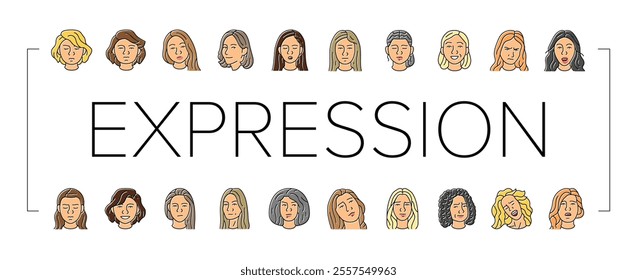 facial expression female smile icons set vector. pout smirk, glare wink, blush scowl, grin sneer, beam, grimace pout, sulk, glower facial expression female smile color line illustrations