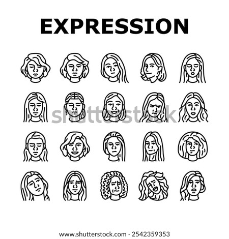 facial expression female smile icons set vector. pout smirk, glare wink, blush scowl, grin sneer, beam, grimace pout, sulk, glower facial expression female smile black contour illustrations