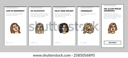 facial expression female smile onboarding mobile vector pout smirk, glare wink, blush scowl, grin sneer, beam, grimace pout, sulk, glower facial expression female smile illustrations