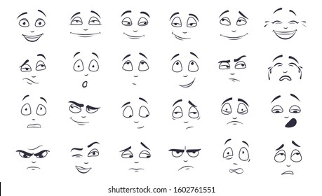 Facial expression flat vector illustration set. Happy, laughing, pensive, unhappy, tired, angry, crying monochrome cartoon face. Emotions concept