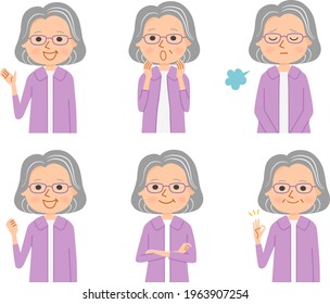 Facial expression of grandmother. Flat vector cartoon illustrations.