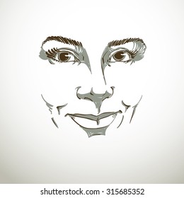 Facial expression, hand-drawn illustration of face of a smiling girl with positive emotional expressions. Beautiful features of lady visage.