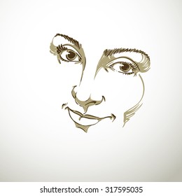 Facial expression, hand-drawn illustration of face of delicate good-looking girl with positive emotional expressions. Beautiful features of lady visage.