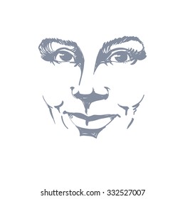 Facial expression, hand-drawn illustration of face of a smiling girl with positive emotional expressions. Beautiful features of lady visage.
