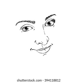 Facial expression, hand-drawn illustration of face of delicate good-looking girl with positive emotional expressions. Beautiful features of lady visage.