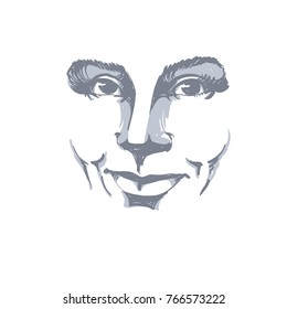 Facial expression, hand-drawn illustration of face of a smiling girl with positive emotional expressions. Beautiful features of lady visage.