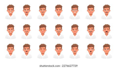 Facial expression of a handsome boy in a white shirt. Set of different emotions of a cute white child. Smile, happiness, anger, joy, surprise, fear, etc. Vector illustration in cartoon style.