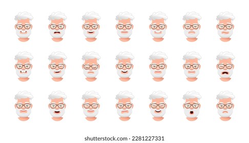 Facial expression of a handsome elderly man with gray hair. Set of different emotions of an old white bearded man in glasses. Smile, happiness, anger, disappointment, sadness, surprise, fear.