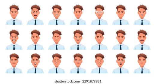 Facial expression of handsome stylish young man.
A set of different emotions of a cute white guy in a shirt and tie. Smile, happiness, anger, surprise, fear, sadness, etc. Vector illustration