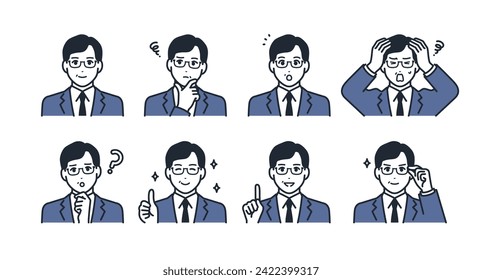 Facial expression icon illustration set material of a middle-aged man wearing a suit