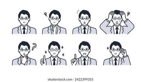 Facial expression icon illustration set material of a young man wearing glasses