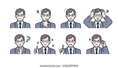 Facial expression icon illustration set material of a middle-aged man wearing a suit