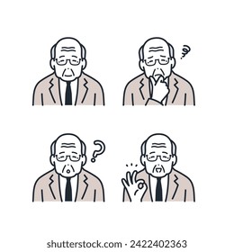 Facial expression icon illustration set material of a senior man wearing a suit