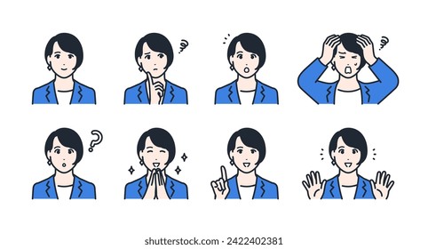 Facial expression icon illustration set material of a young woman wearing a suit