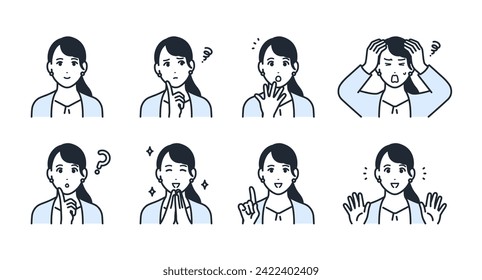 Facial expression icon illustration set material of a young woman wearing a suit