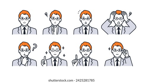 Facial expression icon illustration set material of a young man wearing glasses