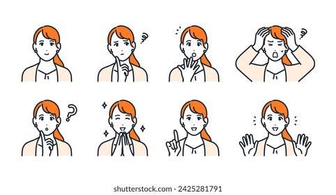 Ilustración de icono de expresión facial conjunto de material de una mujer joven que lleva un traje