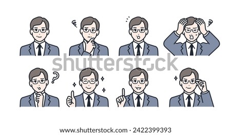Facial expression icon illustration set material of a middle-aged man wearing a suit