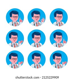 Icono de expresión facial conjunto de médicos (macho)