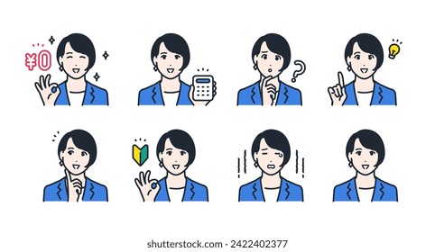 Facial expression icon set material of a young woman wearing a suit