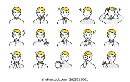 Facial expression icon set of middle-aged women with short hair