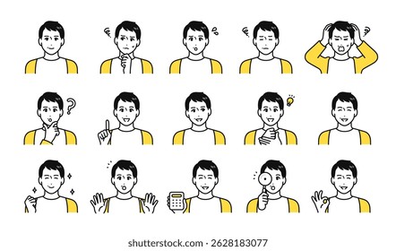 Facial expression icon set of a middle-aged man wearing a cardigan