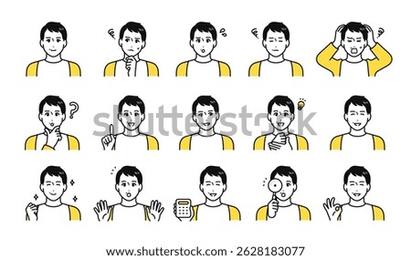 Facial expression icon set of a middle-aged man wearing a cardigan