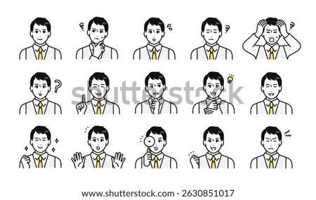 Facial expression icon set of middle-aged men wearing vests