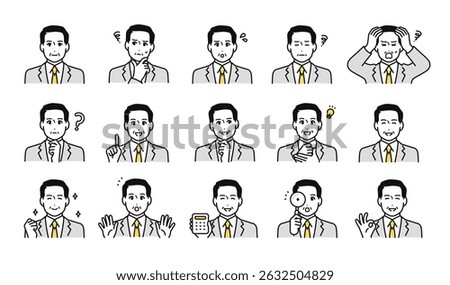 Facial expression icon set of senior men in suits