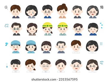 Facial expression icon set. Troubled face and angry face. Vector illustration. People of various ages.