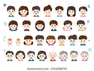 Facial expression icon set. Troubled face and angry face. Vector illustration. People of various ages.